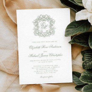 Convite Elegante Crista Monograma Verde Sage Casamento