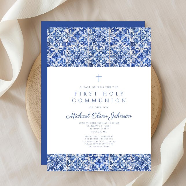 Convite Elegante Cross Blue Azulejo Boy First Communing (Elegant Cross Blue Tiles Boy First Communion Invitation )