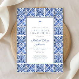 Convite Elegante Cross Blue Azulejo Boy First Communing