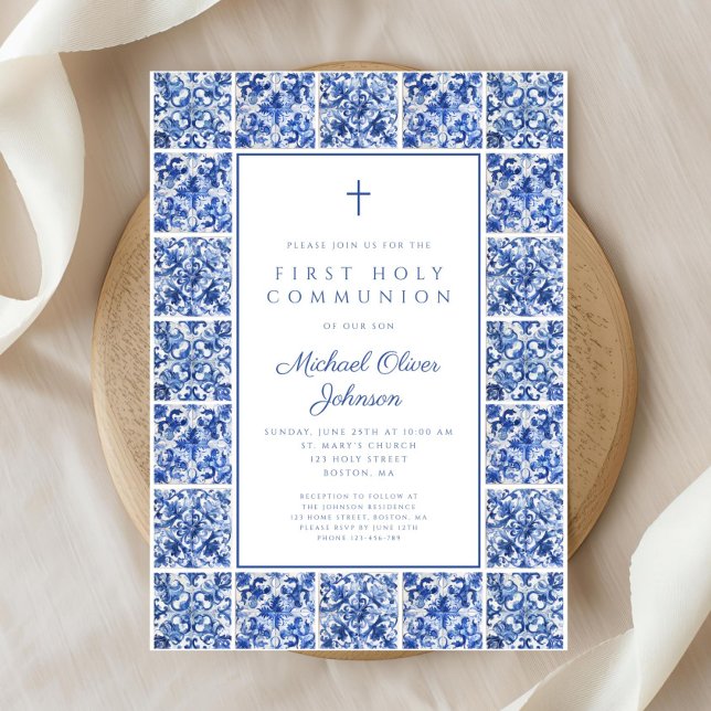 Convite Elegante Cross Blue Azulejo Boy First Communing (Elegant Cross Blue Tiles Boy First Communion Invitation)