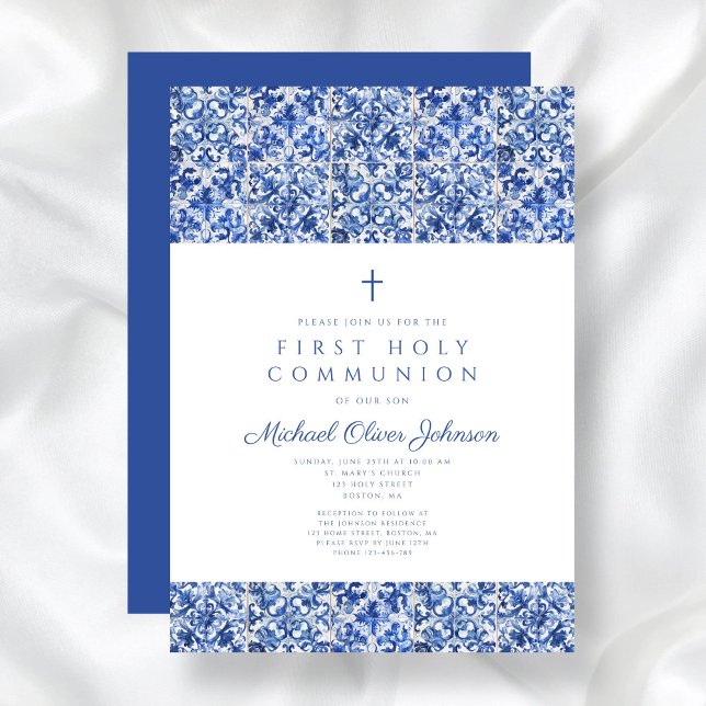 Convite Elegante Cross Blue Azulejo Boy First Communing (Elegant Cross Blue Tiles Boy First Communion Invitation)
