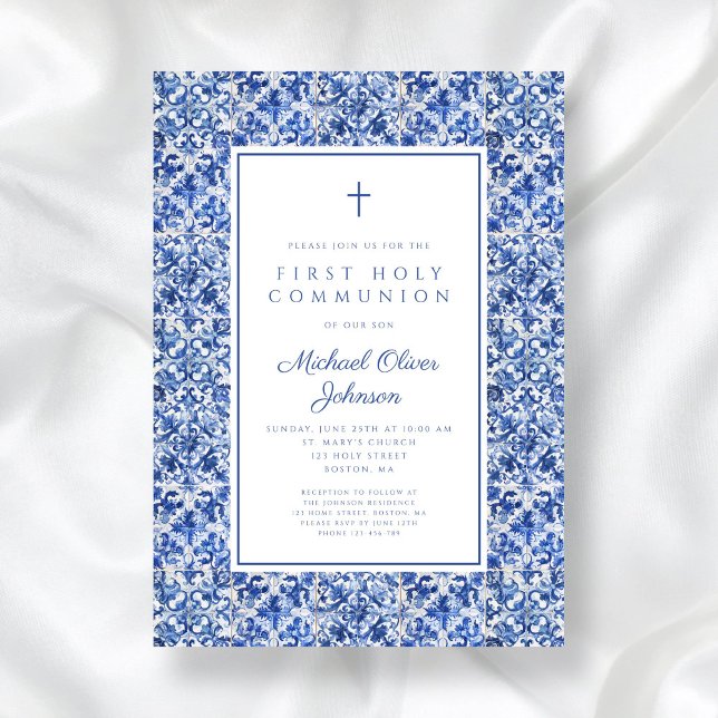 Convite Elegante Cross Blue Azulejo Boy First Communing (Elegant Cross Blue Tiles Boy First Communion Invitation)