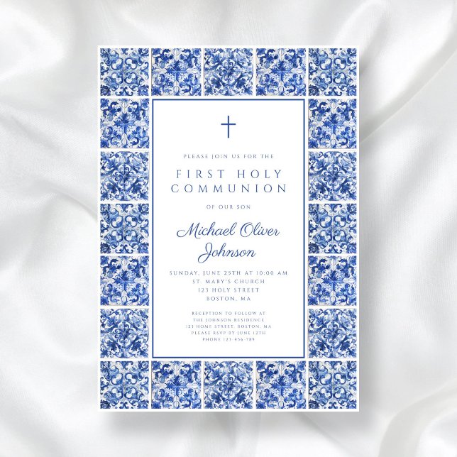 Convite Elegante Cross Blue Azulejo Boy First Communing (Elegant Cross Blue Tiles Boy First Communion Invitation)