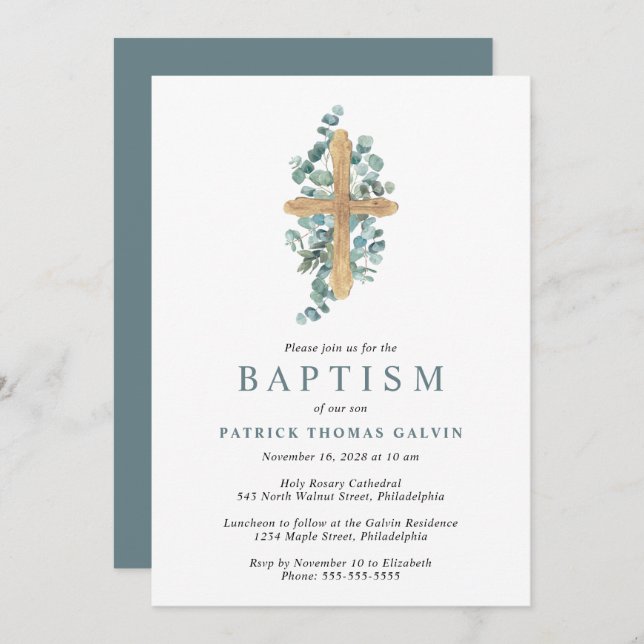 Convite Elegante Cross Eucalyptus Greenery Baptism (Frente/Verso)
