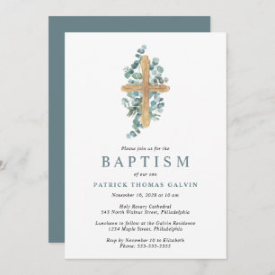 Convite Elegante Cross Eucalyptus Greenery Baptism