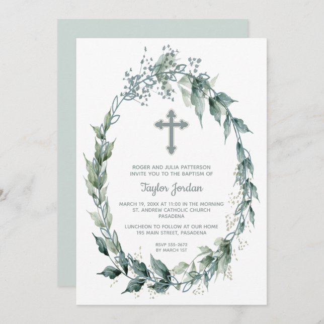 Convite Elegante Cross Greenery Wreath Baptism (Frente/Verso)