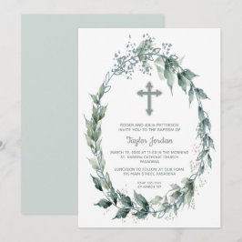 Convite Elegante Cross Greenery Wreath Baptism