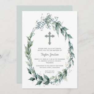 Convite Elegante Cross Greenery Wreath Baptism