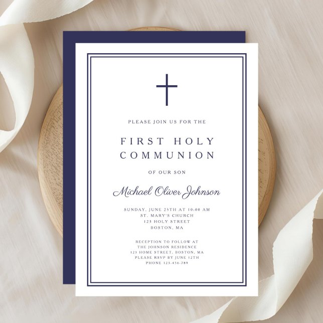 Convite Elegante Cruz Azul Marinho Menino Primeira Comunhã (Elegant Navy Blue Cross Boy First Holy Communion Invitation)