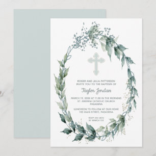 Convite Elegante Cruz Azul Vegetação Batismo