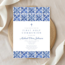 Elegante Cruz Azulejos Azuis Menino Primeira Comun