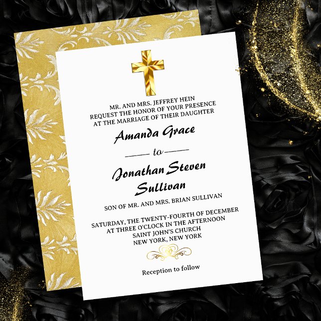 Convite Elegante Cruz Cristã de Natal de Ouro para Casamen (Elegant Gold Christmas Eve Christian Cross Wedding Invitation)