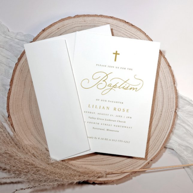Convite Elegante Cruz de Batismo em Ouro (Personalized baptism invite with gold cross and elegant script, perfect for a timeless celebration.)