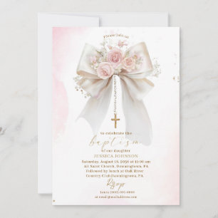 Convite Elegante Cruz de Batismo Moderno Aquarela com Laço
