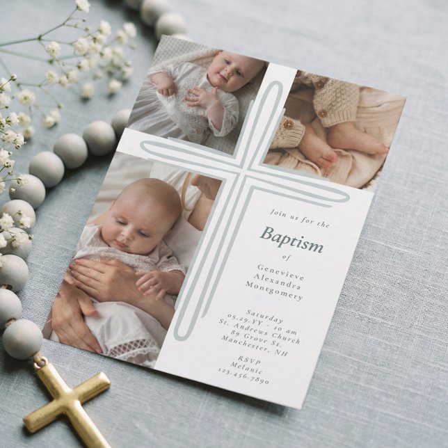 Convite Elegante Cruz de Foto Religiosa Batismo Cristão (Elegant Baptism Christening Religious Photo Cross Invitation)