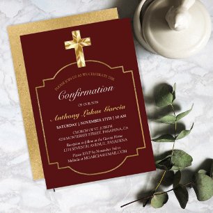 Convite Elegante Cruz de Ouro Borgonha para Meninos Confir