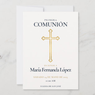 Convite Elegante Cruz de Ouro para Primeira Comunhão
