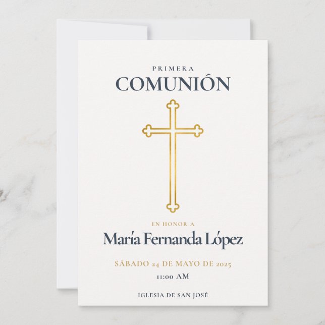 Convite Elegante Cruz de Ouro para Primeira Comunhão (Frente)