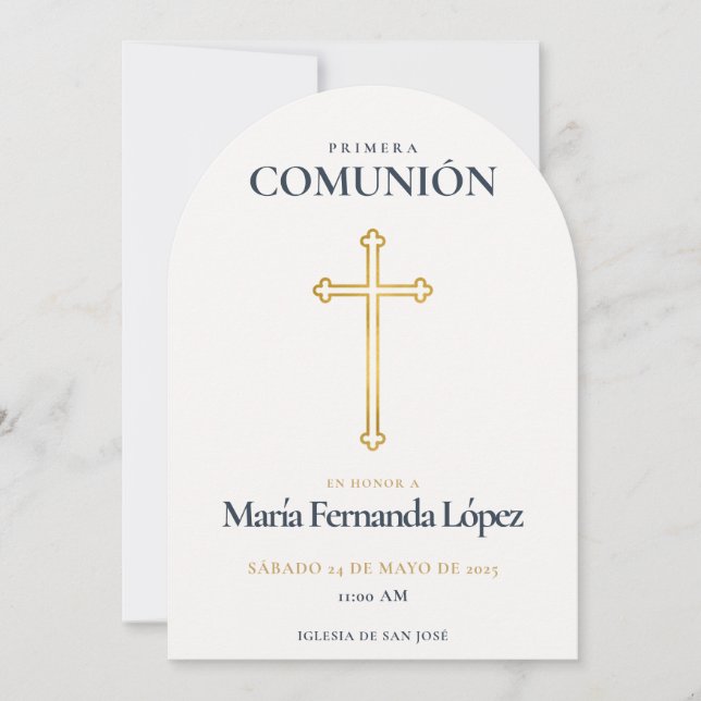 Convite Elegante Cruz de Ouro para Primera Comunión (Frente)
