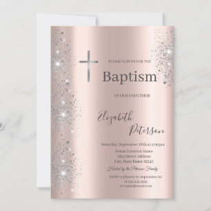 Convite Elegante Cruz de Prata Batismo Brilho Dourado Rosa