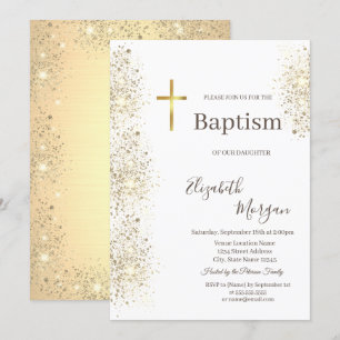 Convite Elegante Cruz Dourada Batismo Confete Dourado Bril