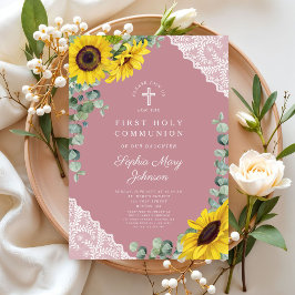 Convite Elegante Cruz Floral Rosa Moderna Primeira Comunhã