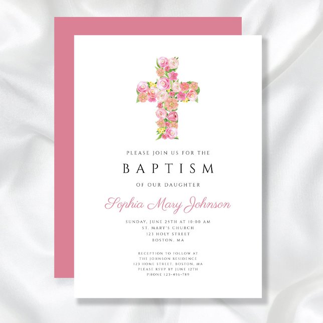 Convite Elegante Cruz Floral Rosa Religiosa Batismo (Elegant Religious Pink Floral Cross Baptism Invitation)