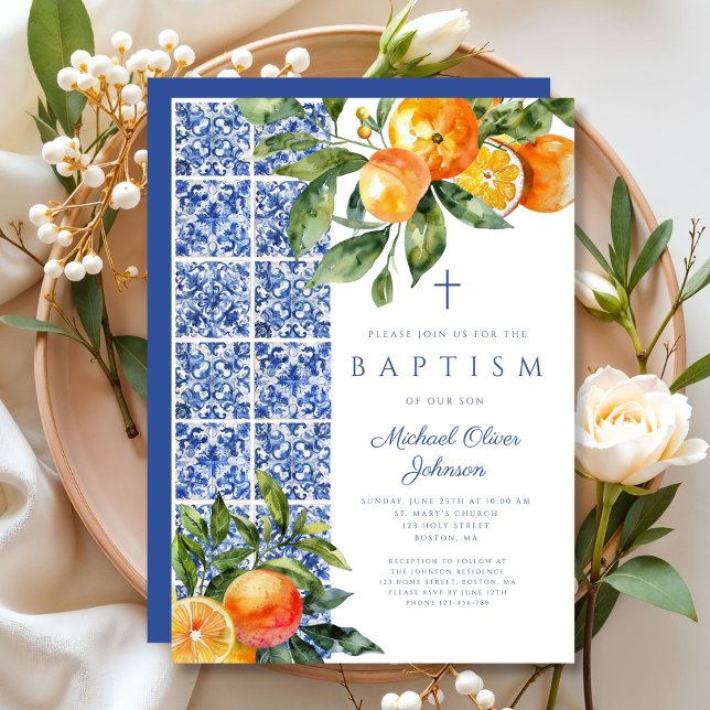 Convite Elegante Cruz Religiosa Azulejos Azuis Batismo (Elegant Religious Cross Blue Tiles Baptism Invitation)