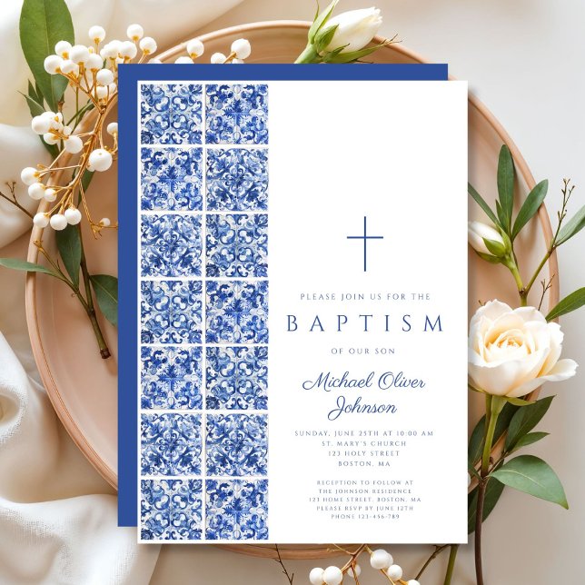 Convite Elegante Cruz Religiosa Azulejos Azuis Batismo (Elegant Religious Cross Blue Tiles Baptism Invitation)