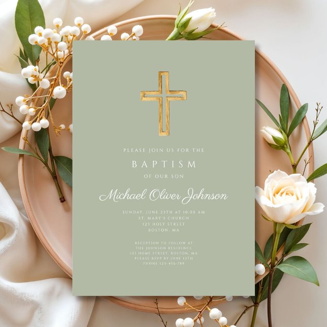 Convite Elegante Cruz Religiosa Verde Sage Batismo (Sage Green Elegant Religious Cross Baptism Invitation)