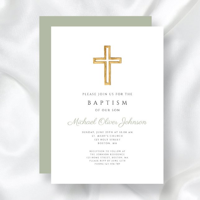 Convite Elegante Cruz Religiosa Verde Sálvia Batismo (Sage Green Religious Wood Cross Baptism Invitation)