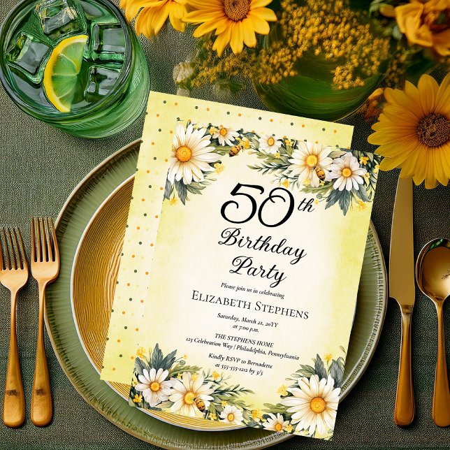 Convite Elegante Daisies Garden Floral 50ª Festa de aniver (Elegant Daisies Garden Floral 50th Birthday Party Invitation - Print and/or Digital Download)