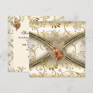 Convite Elegante Damasco Caramelo Creme Bege Dourado