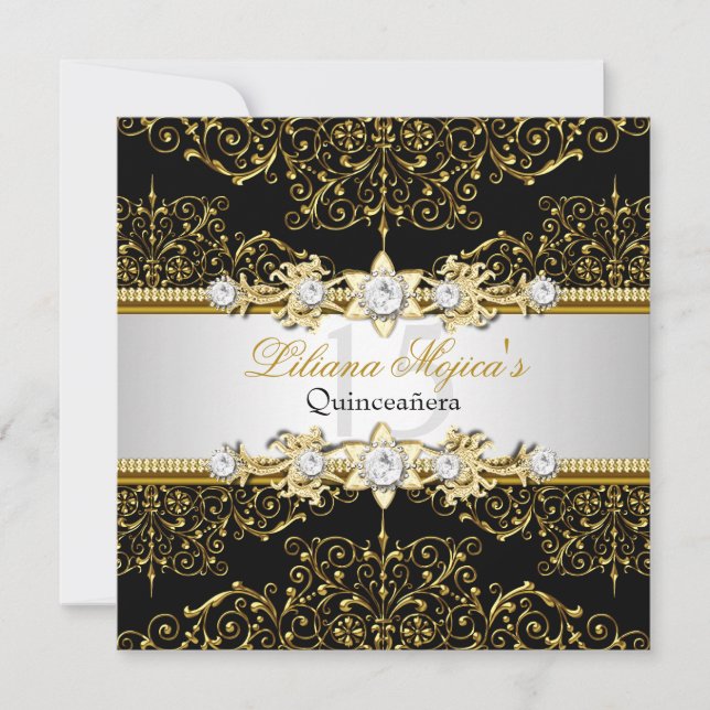 Convite Elegante Damasco com Redemoinho Dourado e Preto Qu (Frente)