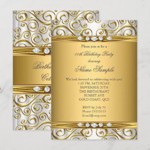 Convite Elegante Damasco Dourado Branco com Diamante Festa