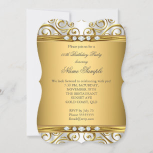 Convite Elegante Damasco Dourado Branco com Diamantes Fest