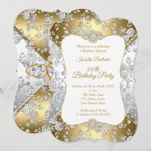 Convite Elegante Damasco Dourado Festa de Aniversário Rosa