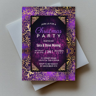 Convite Elegante damasco floral roxo falso dourado Natal