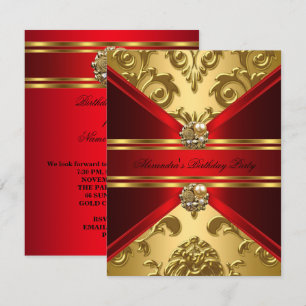 Convite Elegante Damasco Floral Vermelho Regal Dourado Ani