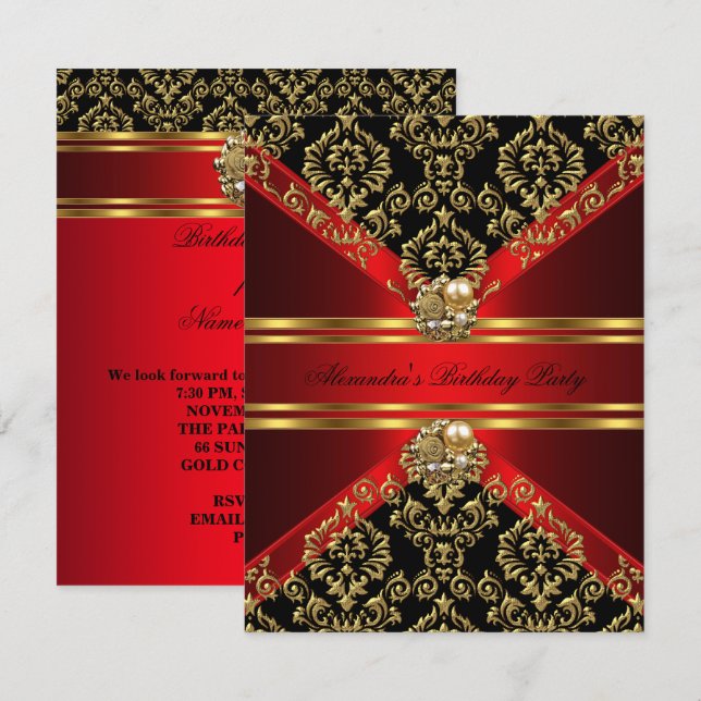 Convite Elegante Damasco Majestoso Vermelho Dourado Preto  (Frente/Verso)