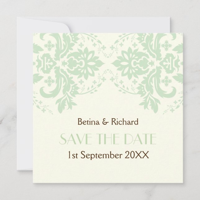 Convite Elegante damasco marfim mint Save the Date de casa (Frente)