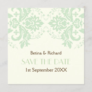 Convite Elegante damasco marfim mint Save the Date de casa
