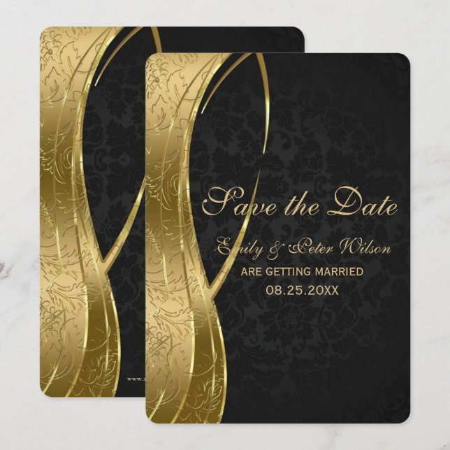 Convite Elegante Damasco Preto e Dourado - Save The Date (Frente/Verso)