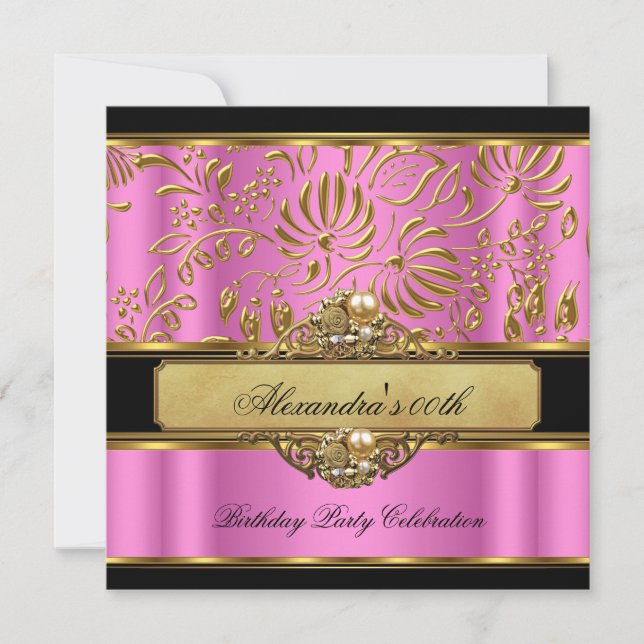 Convite Elegante Damasco Preto em Ouro Rosa Pérola Festa (Frente)