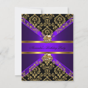 Convite Elegante Damasco Roxo Dourado Preto Aniversário
