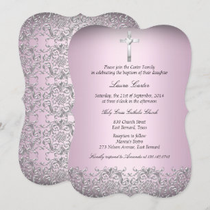 Convite Elegante Damask & Cruz Rosa Batismo 2