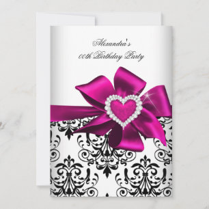 Convite Elegante Damask Pink Heart Jewel Birthday