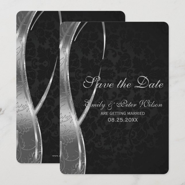 Convite Elegante Damasko Preto e Prata - Save The Date (Frente/Verso)