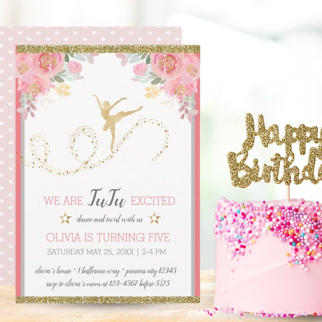 Convite Elegante Dancer | Festa de aniversário de Garota F (Elegant Dancer | Pink Floral Girl Birthday Party Invitation)