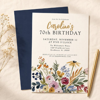 Convite Elegante de Aniversário de 70 Anos com Flo